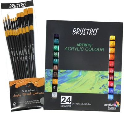 BRuSTRO Acrylic Paint Set of 24, Multicolour 12ml Tubes with Gold Taklon Brush Set of 10