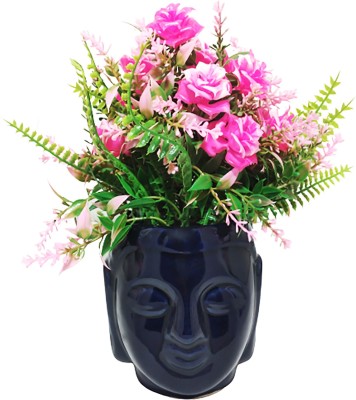 KAPER Artificial Flowers With Ceramic Buddha Pot for Home Decoration Blue, Pink Rose Artificial Flower  with Pot(12 inch, Pack of 8, Flower with Basket)
