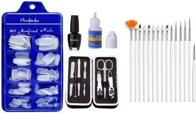 HINSHITSHU Fake Nails With Glue , 7 in 1 Tool Kit , Black Nail Paint , Nail Art Brush Set ( White Nails )(Pack of 100)