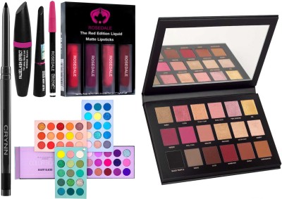 Crynn Rosedale 3in1 Eyeliner Mascara Eyebrow Pencil & Red Edition Liquid Matte Lipsticks & Glazed Color Board Eyeshadow Palette(5 Items in the set)