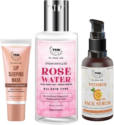 TNW - The Natural Wash Vitamin C Face Serum, Steam Distilled Rose Water & Lip Sleeping Mask | For Moisturized Skin and Lips | Paraben and Sulphate-Free(3 Items in the set)