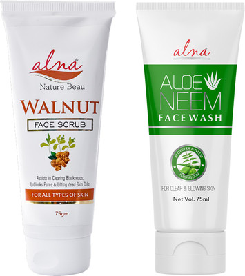 Alna Care Walnut Face Scrub - Assists in Clearing Blackheads Unlock Pores With Alna Aloe Neem Face wash |Skin care combo(2 Items in the set)