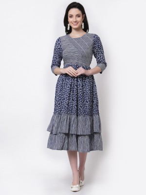 LARGISH Women Gathered Blue Dress