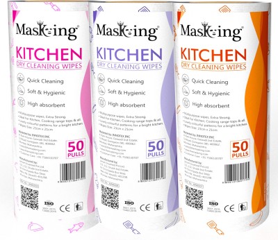 MasKing Kitchen Dry Cleaning Wipes, Tissue Roll Multipurpose use in Pack of 3, M(1 Ply, 150 Sheets)