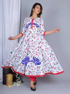 ELVISH JAIPUR Women Printed Anarkali Kurta(White)