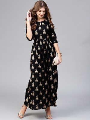 LIBAS Women Printed A-line Kurta(Black)