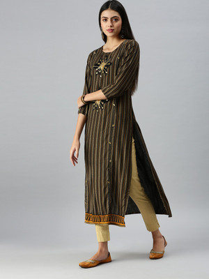 SHOWOFFFF Women Striped Straight Kurta(Brown)