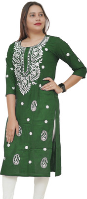 RANGAA NAWAAB Women Chikan Embroidery, Embroidered, Solid Straight Kurta(Dark Green)