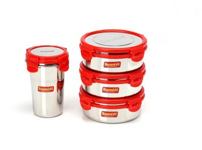 Sumeet Red Meal Statinless Steel Lunch box combo 3 Container (500Ml), 1 Tumbler(400Ml) 4 Containers Lunch Box(500 ml)
