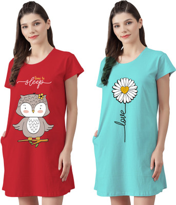 Fflirtygo Women Nighty(Light Blue, Red)
