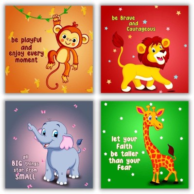 Poylaamo Quotes of Baby Animals Wall Paintings for Kids Room Digital Reprint 15 inch x 15 inch Painting(With Frame, Pack of 4)