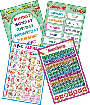 Shopsji Combo Of 4 Educational Chart Names Of The Months In Year | Names Of The Days| Alphabet Chart For Kids | Creative Counting 1 To 100 Wall Chart For Beginners Learning Kids On (12x18 Paper Print)(Paperback, HK)