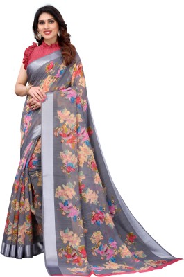 Aadvika Floral Print Daily Wear Art Silk, Cotton Linen Saree(Silver, Grey)