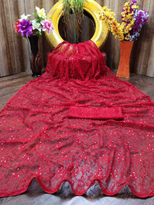 AVANTIKA FASHION Self Design, Embellished, Woven, Dyed, Solid/Plain Bollywood Net, Art Silk Saree(Red)