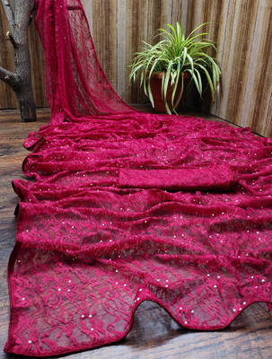 AVANTIKA FASHION Embellished, Solid/Plain Bollywood Net Saree(Maroon)
