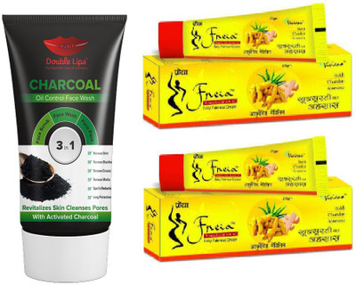 DOUBLE LIPS FREIA HALDI CHANDAN TUERMERIC CREAM 20 GRM PACK OF 2 WITH FACE CARE ACTIVATED CHARCOAL 3 IN 1 FACE SCRUB WASH 100 ML(3 Items in the set)