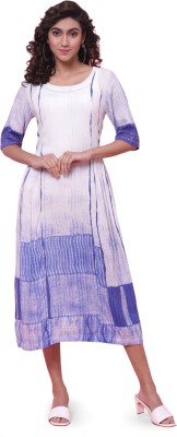 BIBA Women A-line White, Blue Dress