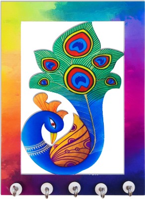Shiva Arts Peacock Design With Multicolour Border Wood Key Holder(5 Hooks, Multicolor)