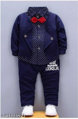 JATADHAR FAB Baby Boys Party(Festive) Blazer Shirt, Bow Tie, Pant(DARK BLUE)