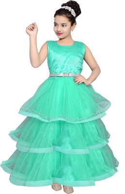 SVM Fashions Girls Maxi/Full Length Party Dress(Green, Sleeveless)