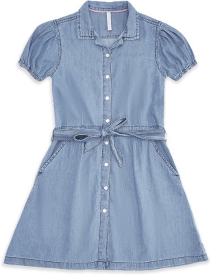 Pantaloons Junior Girls Midi/Knee Length Casual Dress(Blue, Half Sleeve)