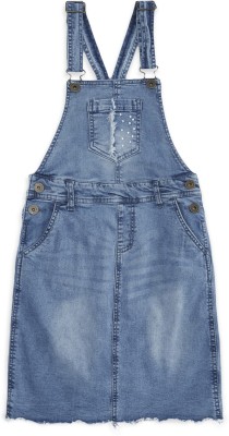 Pantaloons Junior Dungaree For Girls Casual Solid Pure Cotton(Blue, Pack of 1)