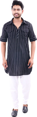 rayie collection Men Striped Pathani Kurta(Black)