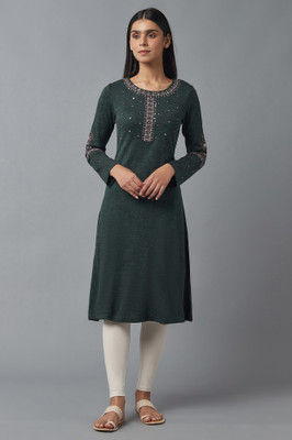 W Women Embroidered Straight Kurta(Green)