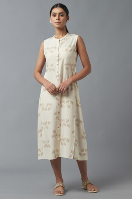 W Women Printed Frontslit Kurta(Beige)