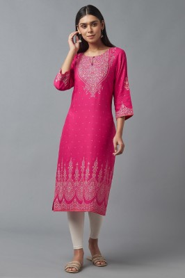 W Women Printed Straight Kurta(Pink)