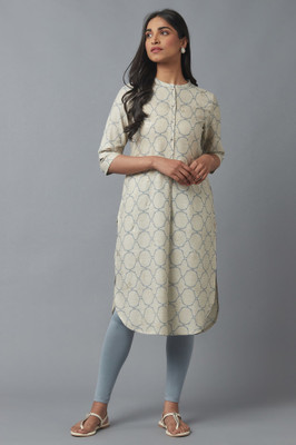 W Women Printed Straight Kurta(Grey)