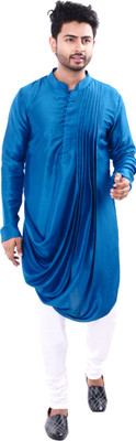 DRESSED UP DIVAS Men Solid Asymmetric Kurta(Blue)