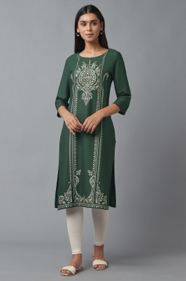 W Women Printed Straight Kurta(Green)