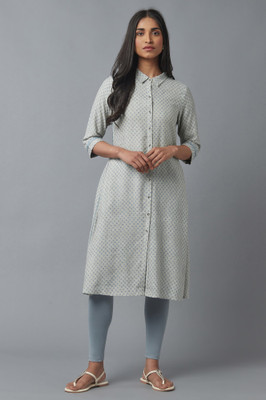 W Women Checkered Straight Kurta(Grey)