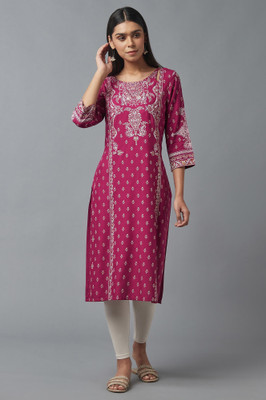 W Women Printed Straight Kurta(Pink)