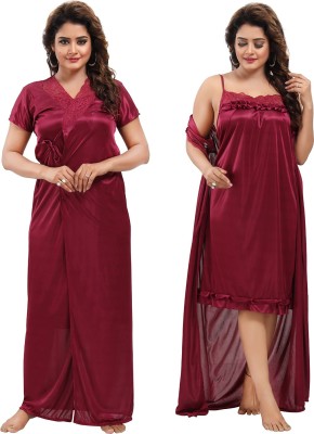 Qunity Women Nighty with Robe(Maroon)