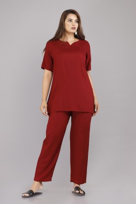 Genade Women Solid Maroon Top & Pyjama Set