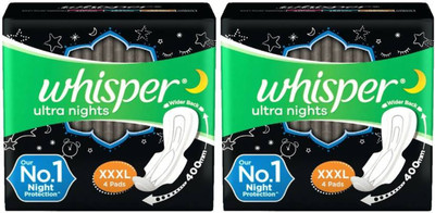 Whisper Ultra Night Sanitary Pads for Women, XXXL+ 4+4 Sanitary Pad Sanitary Pad (Pack of 8)