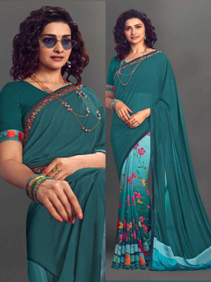 DIKONA DESIGNER Printed Bollywood Georgette, Chiffon Saree(Light Blue)