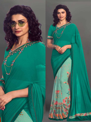 WHOLSALE BAZAR Printed Bollywood Georgette, Chiffon Saree(Light Blue, Green)