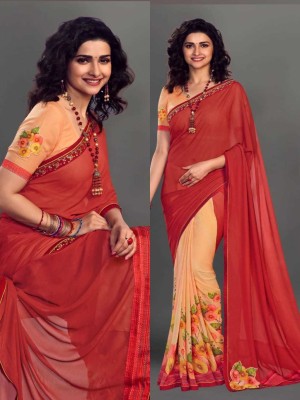 MEETVIN COUTURE Printed Bollywood Georgette, Chiffon Saree(Red, Orange)