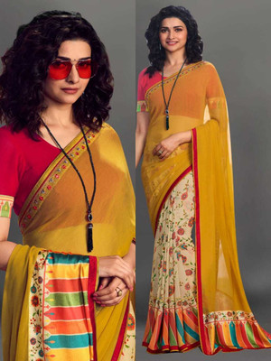 BLEESBURY Printed, Self Design, Paisley, Ombre, Animal Print, Graphic Print, Floral Print Bollywood Georgette, Chiffon Saree(Beige, Yellow)