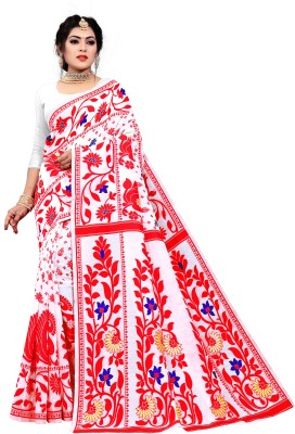 ARIYA PRINTS Floral Print Jamdani Cotton Silk Saree(Red, White)