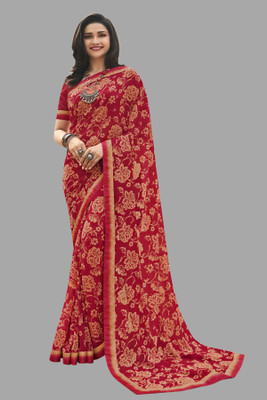 BLEESBURY Printed, Self Design, Paisley, Ombre, Animal Print, Graphic Print, Floral Print Bollywood Georgette, Chiffon Saree(Red)