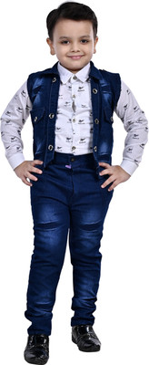 vkreation Boys Festive & Party Shirt, Waistcoat and Pant Set(White Pack of 1)