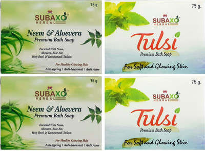 Subaxo HERBAL NEEM & ALOEVERA SOAP AND TULSI PREMIUM BATH SOAP EACH OF 75G(4 x 75 g)