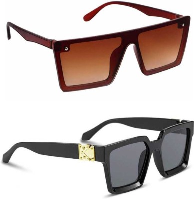 shadz Rectangular, Retro Square Sunglasses(For Men & Women, Black, Brown)