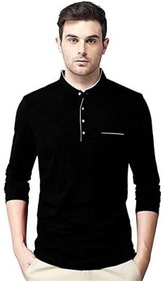 TEESTALK Solid Men Henley Neck Black T-Shirt