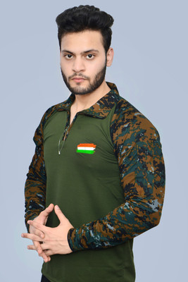 AZYXREN Military Camouflage Men Zip Neck Multicolor T-Shirt