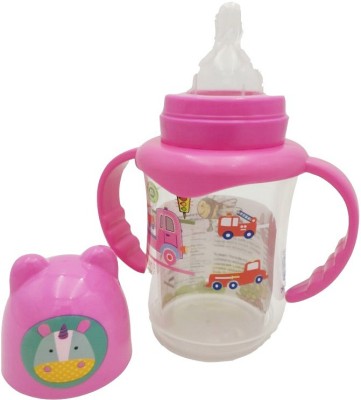 KhuHap Feeding Bottle wide neck & Handle, Jungle & animals Tales Cartoon for Baby - 250 ml(Pink)